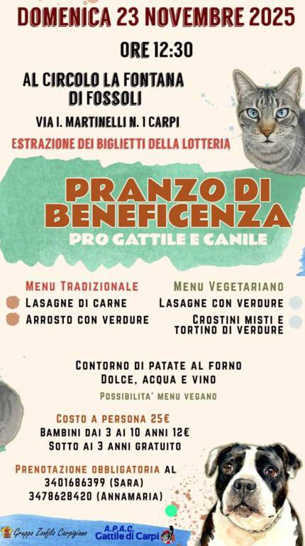 Pranzo di beneficenza pro Gattile e Canile Domenica 23 Novembre