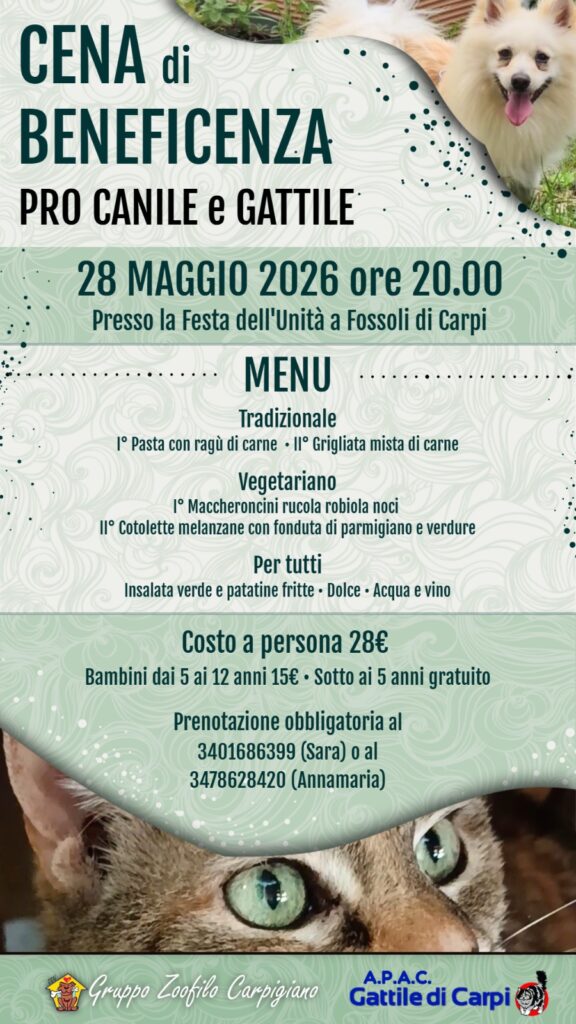 Giovedì 28 MAGGIO 2026, annuale cena di beneficenza pro Gattile e Canile!